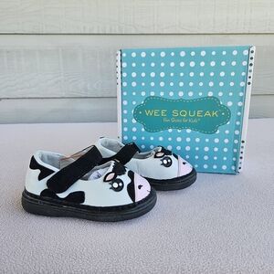 Wee Squeak Bessie Moo Cow Squeaker Toddler Shoes SZ 5 Black White Hook & Loop
